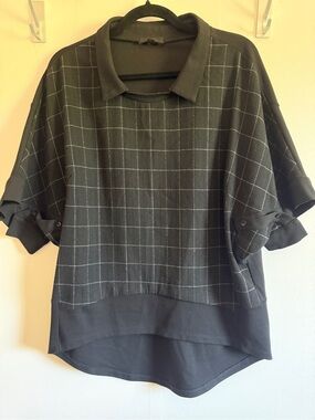 Kokomarina Black Windowpane Plaid Oversized Roll Tab Tunic Top L French